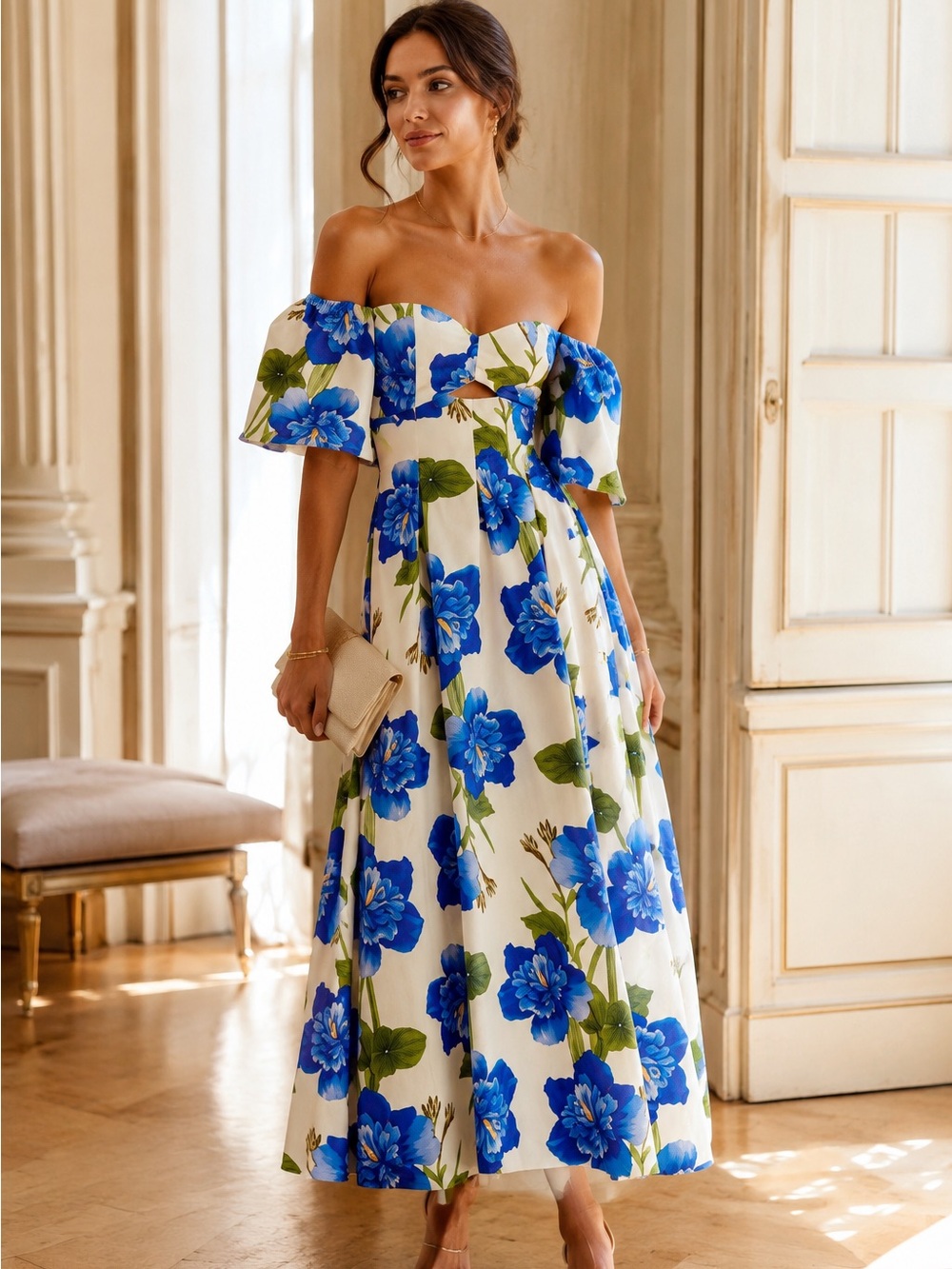 Borgo de Nor Giovanna Blue Floral Off Shoulder Maxi Dress Size 2